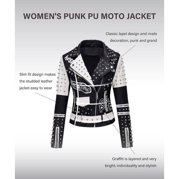 🆕 Women White Trendy Faux Leather Jacket Rivet Spring Winter Fashion Clothes - Picture 3 of 6